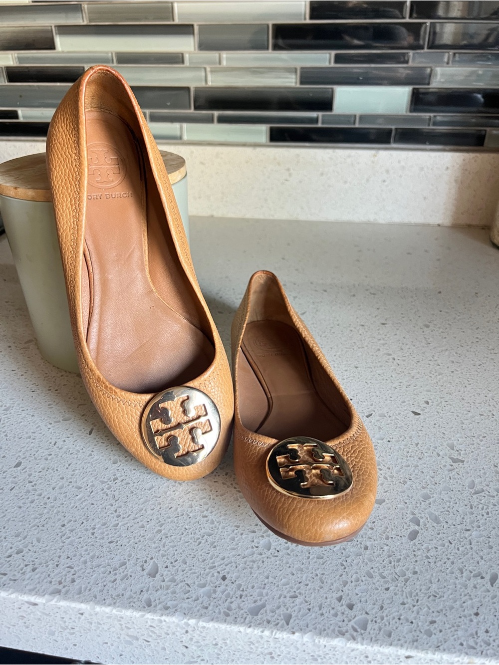 Tory Burch Camel/Tan Leather Logo Ballet Flats